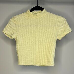 Forever 21 Neon Yellow/Green Cropped Tight Waffle Mock Neck Short Sleeve Top